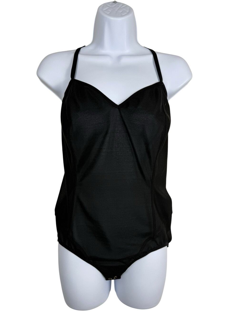 ITEM m6 Bodysuit Women Large Black Sheer Mesh Strappy V Neck Made Portugal